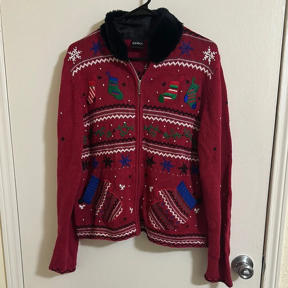 Vintage Christmas Cardigan Zip Sweater with Faux Fur Collar Embroidered/Beaded - Picture 1 of 7